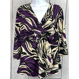 Ellen & Company Womens Small 3/4 Bell Sleeve Purple Black Cream V-Neck Top